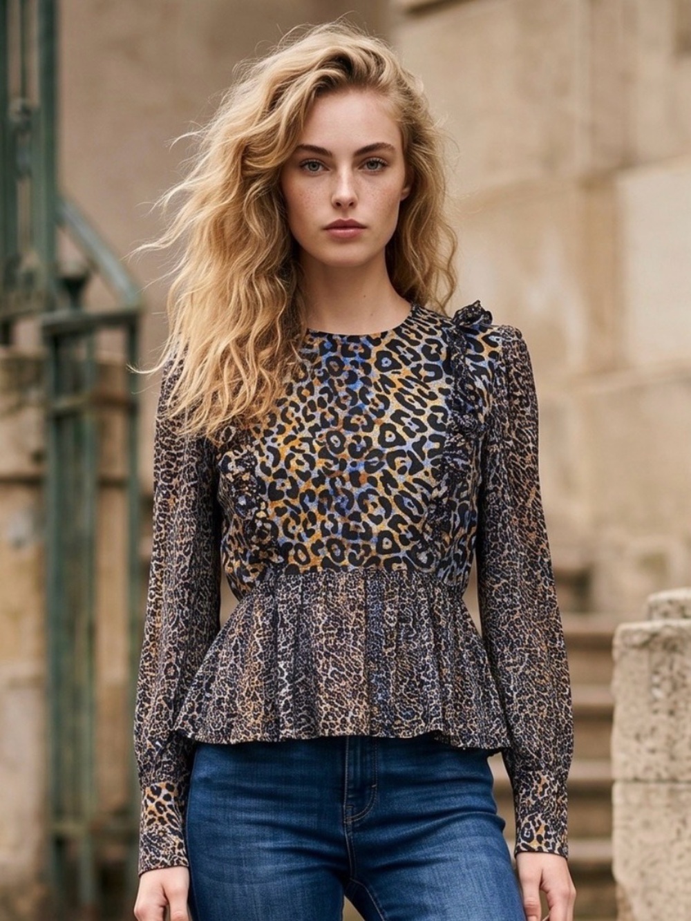 NWOT Bl^nk London for Anthropologie Leopard Print Moira Ruffled Peplum Top